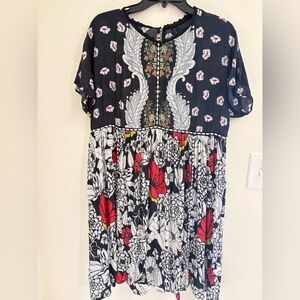 Anthro Blank London Mixed Floral Boho Mini Dress Tiered Bodice large L flowy